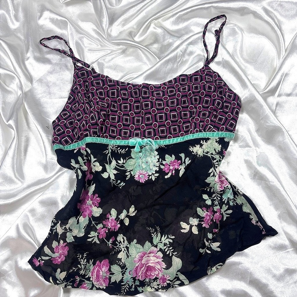 y2k GreenHouse silk Cami Top Black Floral Mixed Print Velvet Trim Bow 36